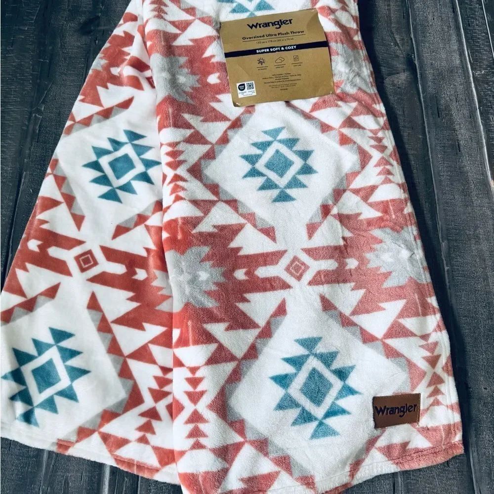 Wrangler Ultra Plush Throw Blanket Aztec Southwest Coral Blue